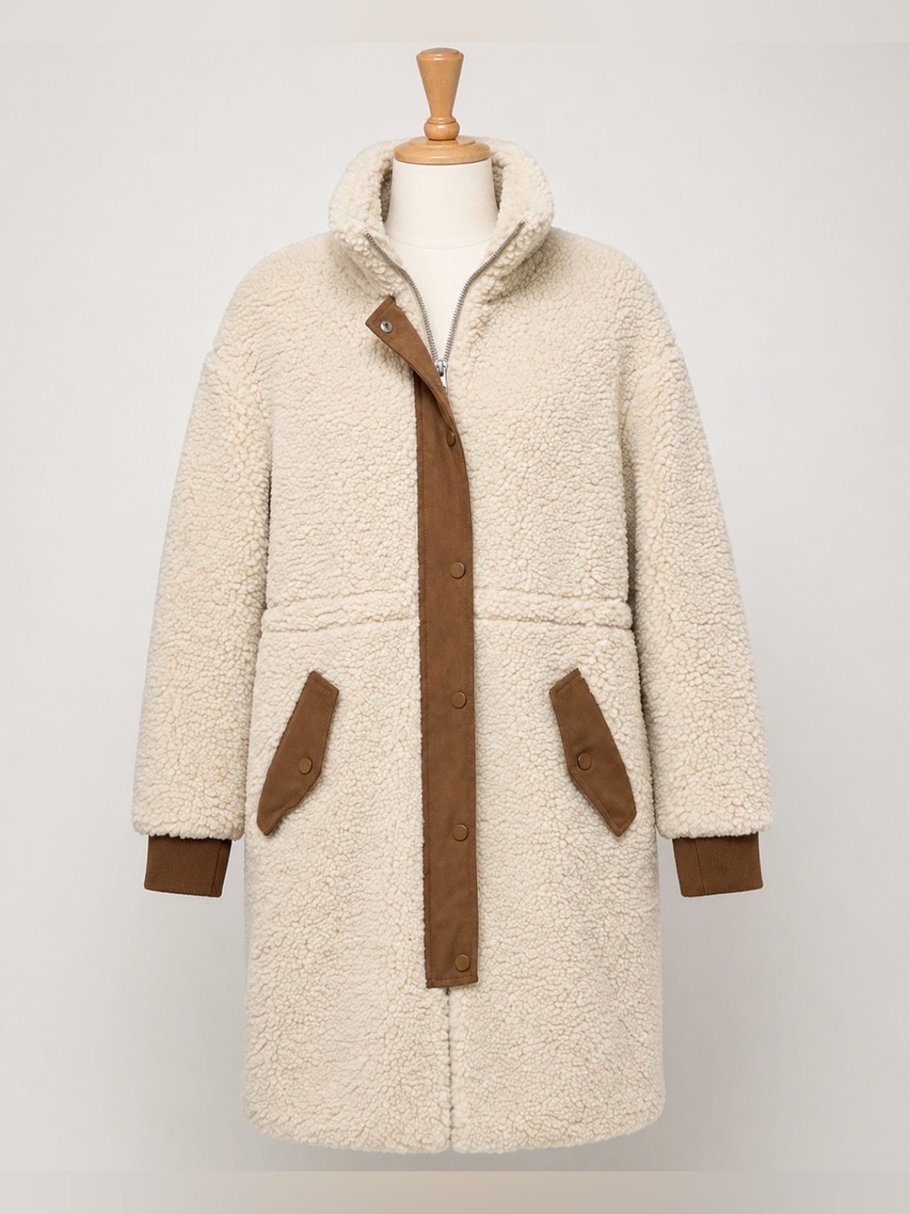 Vero Moda Teddy Coat Sherpa Long Brown Trim Cozy Minimalist Small
